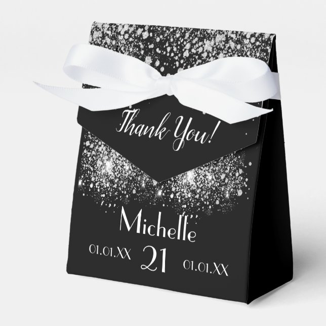 Birthday black silver glitter white monogram favor boxes (Front Side)