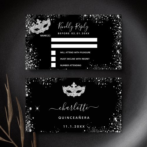 Birthday black silver masquerade RSVP Enclosure Card