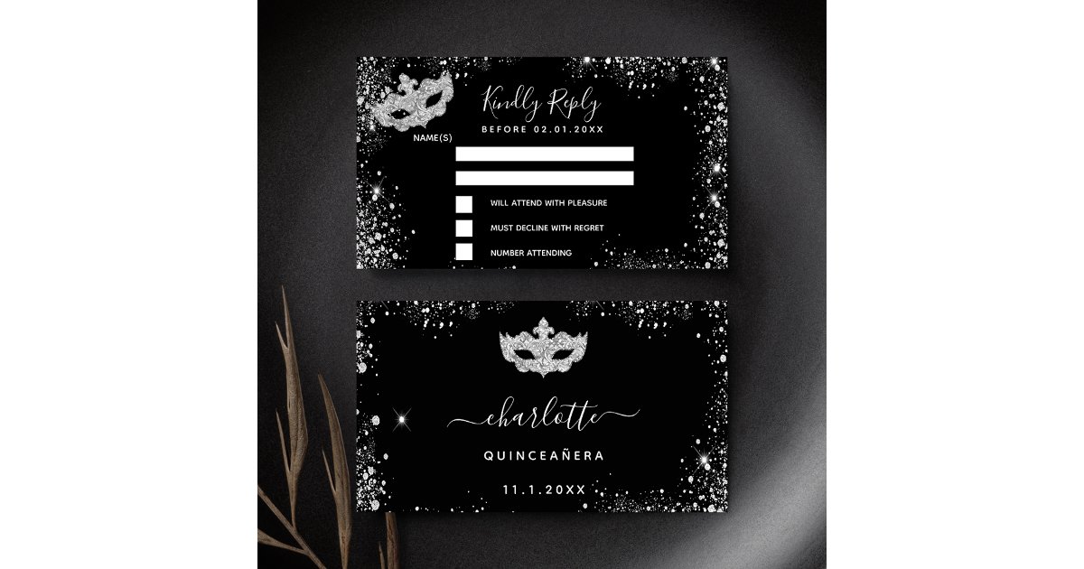 Birthday black silver masquerade RSVP Enclosure Card | Zazzle