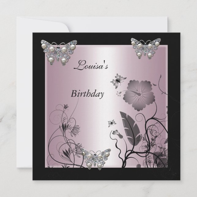 Birthday Black Silver Pearl Butterfly Party Pink Invitation (Front)