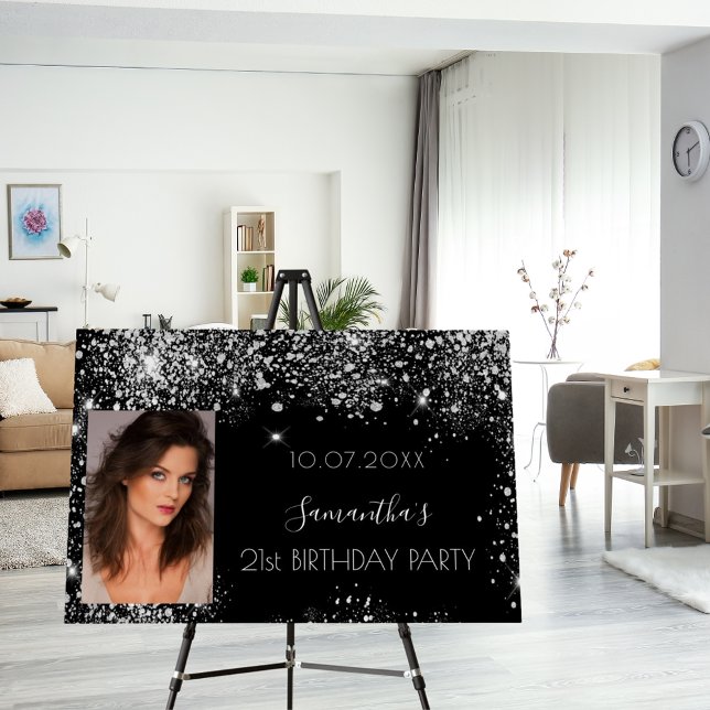 Birthday black silver photo glitter monogram foam board (Creator Uploaded)