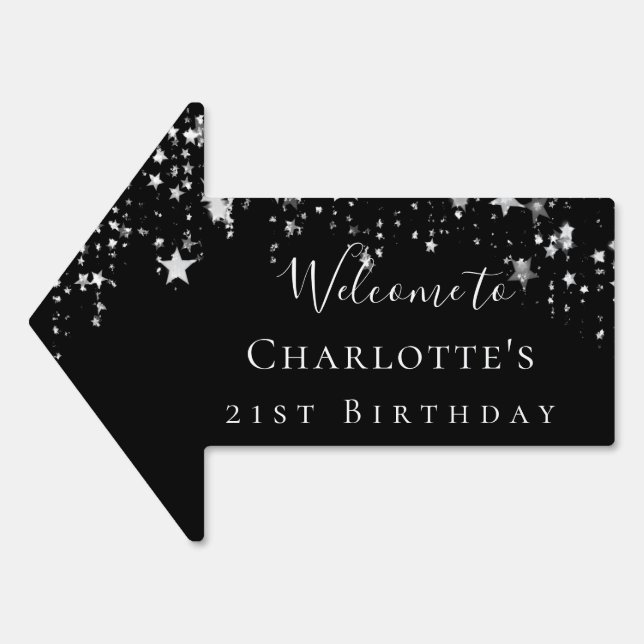 Birthday black silver stars welcome arrow sign (Front)