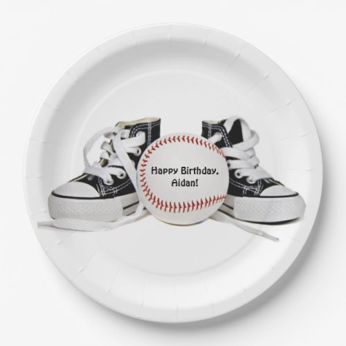 birthday black sneakers and baseball on white paper plates