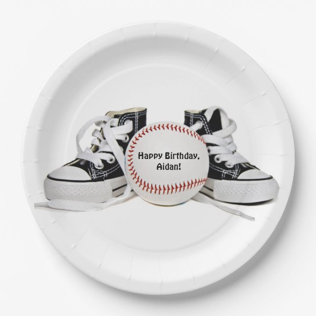 birthday black sneakers and baseball on white paper plates (Front)
