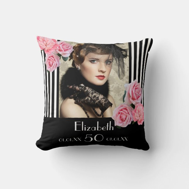 Birthday black stripes photo pink floral name throw pillow (Front)
