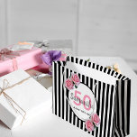 Birthday black stripes pink florals monogram large gift bag<br><div class="desc">Classic slim black and white vertical stripes as background. With girly, feminine and romantic pink roses as decoration. Perfect for an elegant 50th birthday party for her. A white and black frame with templates for name, age and a date. Age number 50 in pink, name and date in black. The...</div>