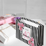 Birthday black stripes pink florals monogram large gift bag<br><div class="desc">Classic slim black and white vertical stripes as background. With girly, feminine and romantic pink flowers, roses as decoration. Perfect for an elegant 40th birthday party for her. A white and black frame with templates for name, age and a date. Age number 40 in pink, name and date in black....</div>