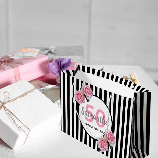 Birthday black stripes pink florals monogram large gift bag (Creator Uploaded)
