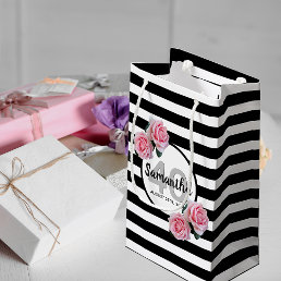 Birthday black stripes pink florals name classic  small gift bag