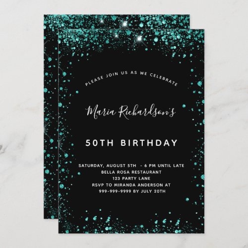 Birthday black teal green glitter dust invitation