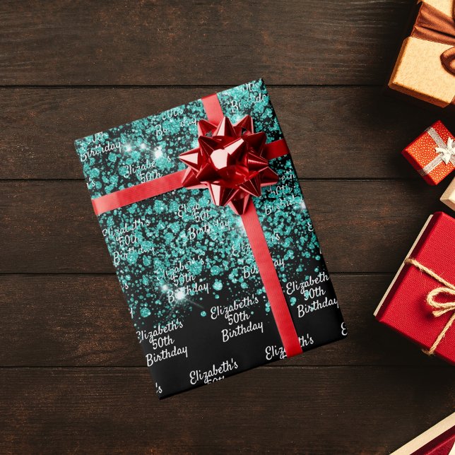 Birthday black teal green glitter dust name wrapping paper (Creator Uploaded)