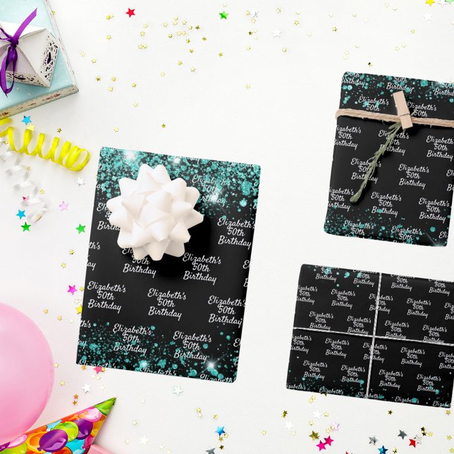 Birthday black teal green glitter name  wrapping paper sheets (Creator Uploaded)