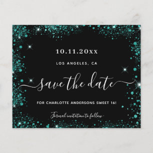 Birthday black teal green glitter save the date