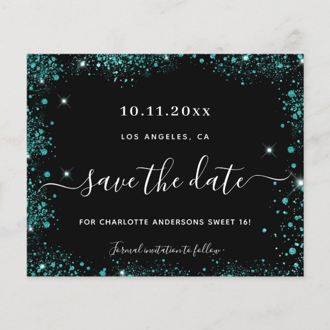 Birthday black teal green glitter save the date (Front)