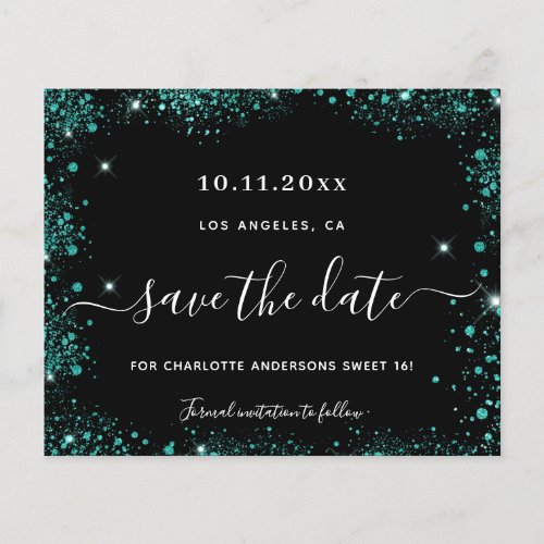 Birthday black teal green glitter save the date