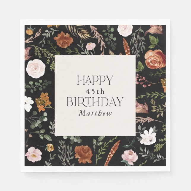 Birthday black terracotta floral modern botanical napkins (Front)