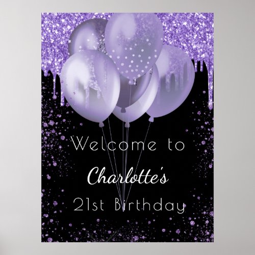 Birthday black violet glitter welcome balloons poster