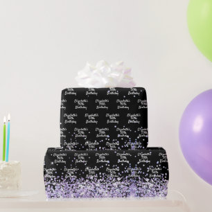 Birthday black violet lavender glitter dust name wrapping paper