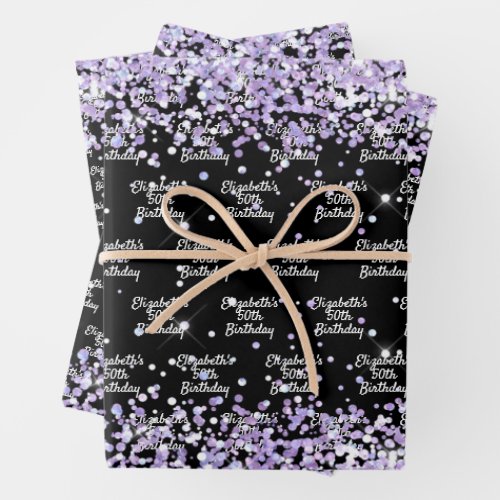 Birthday black violet lavender glitter name wrapping paper sheets
