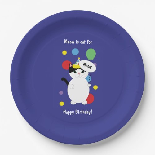 Birthday Black White Cat Meow Blue Personalize Paper Plates