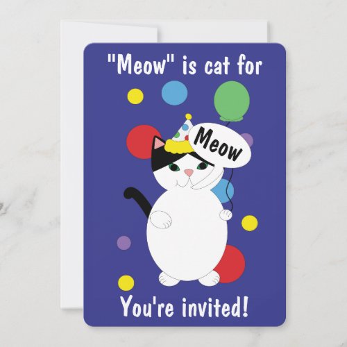 Birthday Black White Cat Meow Custom Invitation