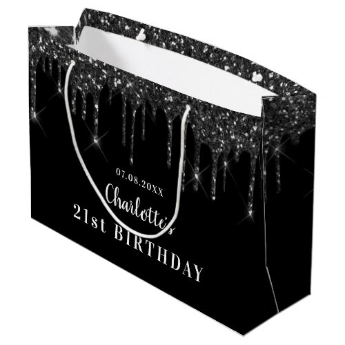 Birthday black white glitter drips name large gift bag