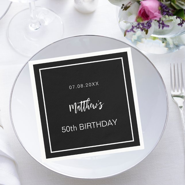 Birthday black white minimalist men guy napkins (Creator Uploaded)