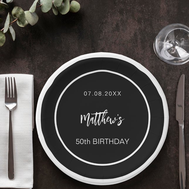 Birthday black white minimalist men guy paper plates (Creator Uploaded)