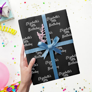 Birthday black white name script minimalist wrapping paper