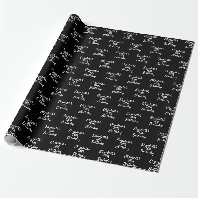 Birthday black white name script minimalist wrapping paper | Zazzle