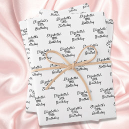 Birthday black white name script minimalist wrapping paper sheets