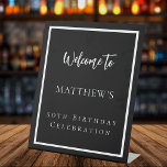 Birthday black white party welcome pedestal sign<br><div class="desc">A black background and a white frame.  Personalize and add a name and age.</div>