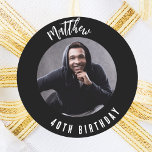 Birthday black white photo classic round sticker<br><div class="desc">A classic black background. Personalize and add his name,  age and photo.</div>