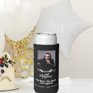 Birthday black white photo man myth legend seltzer can cooler