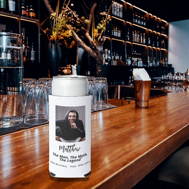 Birthday black white photo man myth legend seltzer can cooler (Creator Uploaded)