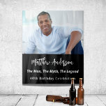 Birthday black white photo man myth legend tapestry<br><div class="desc">A tapestry for a 40th (or any age) birthday party for guys. An elegant modern black background. Personalize and add your own high quality photo of the birthday boy/man. The text: The name in white with a modern hand lettered style script. Tempates for a name, age 40 and a text....</div>
