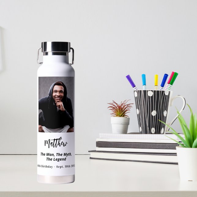 Birthday black white photo man myth legend water bottle (Creator Uploaded)