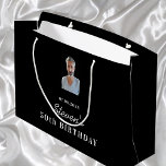 Birthday black white photo monogram name large gift bag<br><div class="desc">A gift bag for a 50th (or any age) birthday.  A classic black background. Personalize and add a photo,  date,  name and year 50. The name is written in white with a modern hand lettered style script.
Use a portrait size photo.</div>