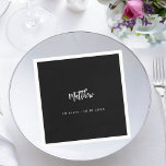 Birthday black white script elegant minimalist napkins<br><div class="desc">For a 50th (or any age) birthday party.  A black background. Add your name,  age,   date. The name is written with a modern hand lettered style script.  White text.</div>