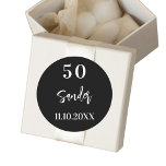Birthday black white script minimalist classic round sticker<br><div class="desc">For a 50th (or any age) birthday party.  A black background. Add your name,  age,  date. The name is written with a modern hand lettered style script.  White text.</div>