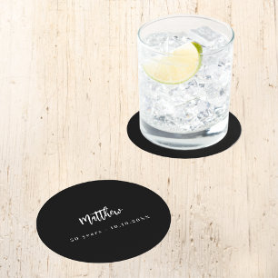 Birthday black white script minimalist round paper coaster