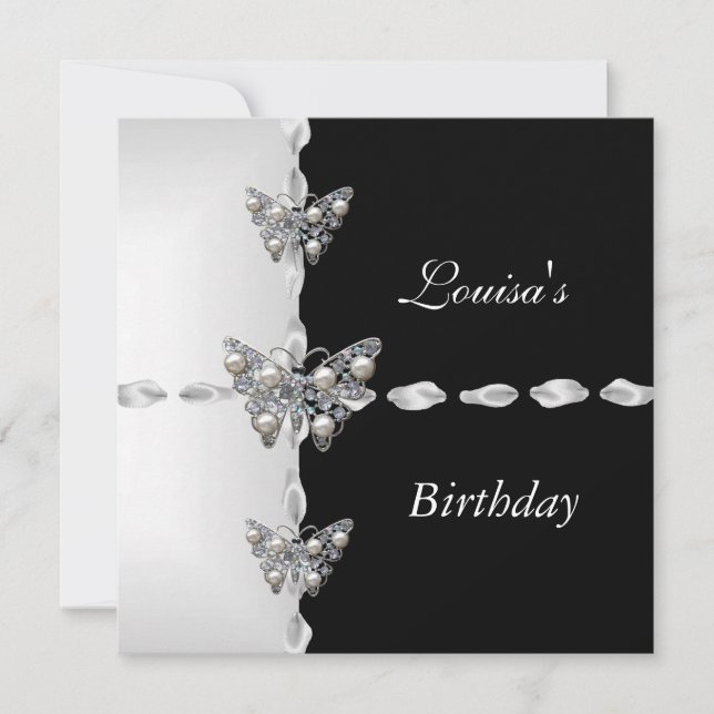 Birthday Black White Silver Pearl Butterfly Party Invitation (Front)