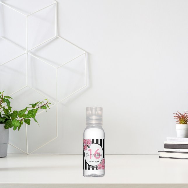 Birthday black white stripes pink florals monogram hand sanitizer (Creator Uploaded)