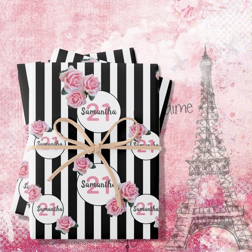 Birthday black white stripes pink florals name wrapping paper sheets