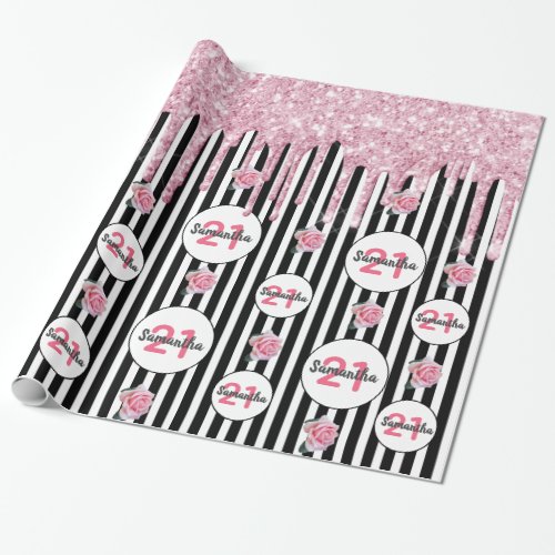 Birthday black white stripes pink glitter floral wrapping paper