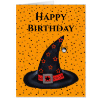 Birthday Black Witch Hat Cute Spider Stars Orange