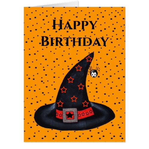 Birthday Black Witch Hat Cute Spider Stars Orange Card