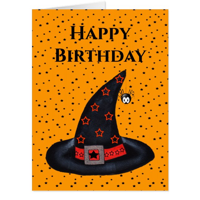 Birthday Black Witch Hat Cute Spider Stars Orange Card (Front)
