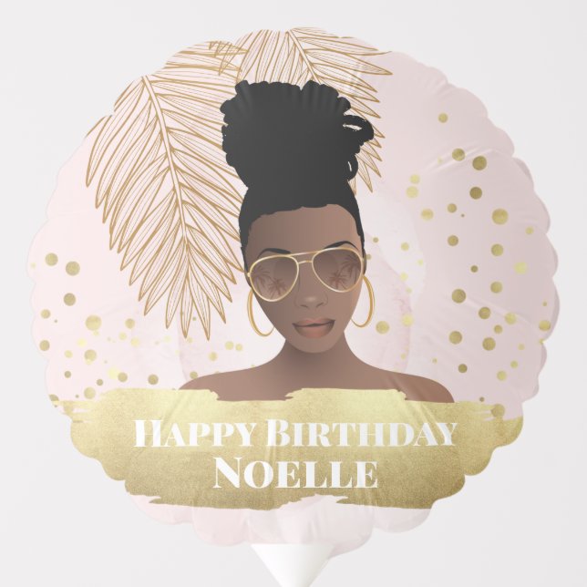 Birthday, Black Woman, Gold Tropical Leaf, Pink Balloon (Front)