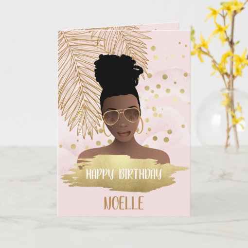 Birthday, Black Woman, Gold Tropical Leaf, Pink Card | Zazzle